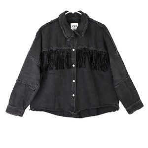 Zara Black Bejeweled Rhinestones Fringe Distressed Denim Jeans Coat Jacket Sz L